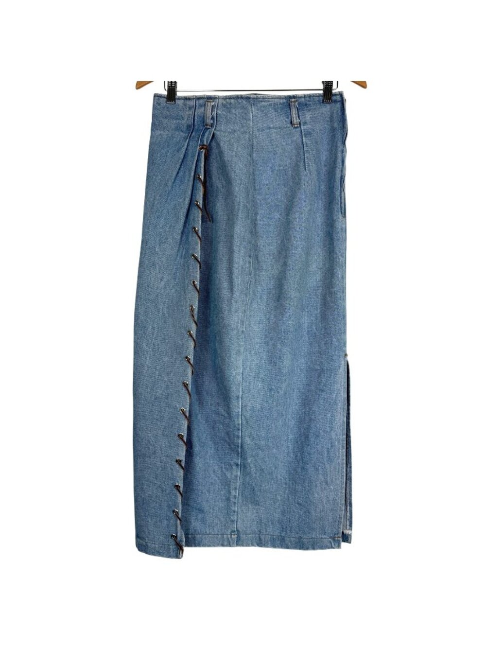Vtg Y2K Be Bop Denim Maxi Wrap Skirt 11 Leather Cord Whip Stitch Detail USA Boho